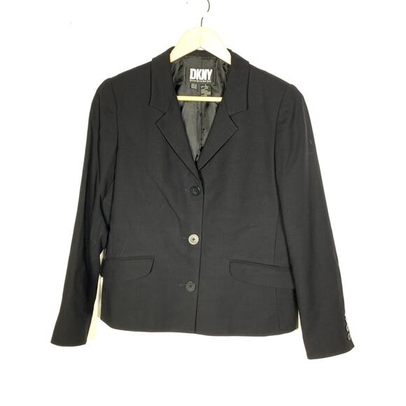 DKNY 100% wool black three button blazer jacket size 2 - Picture 1 of 4